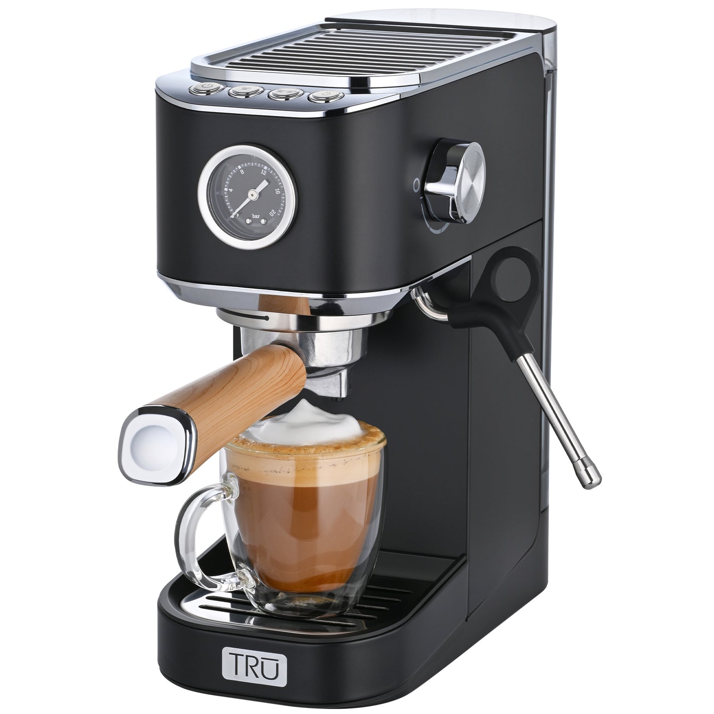 TRU Brand in black finish Slim Profile Espresso Machine, brewing latte in glass mug