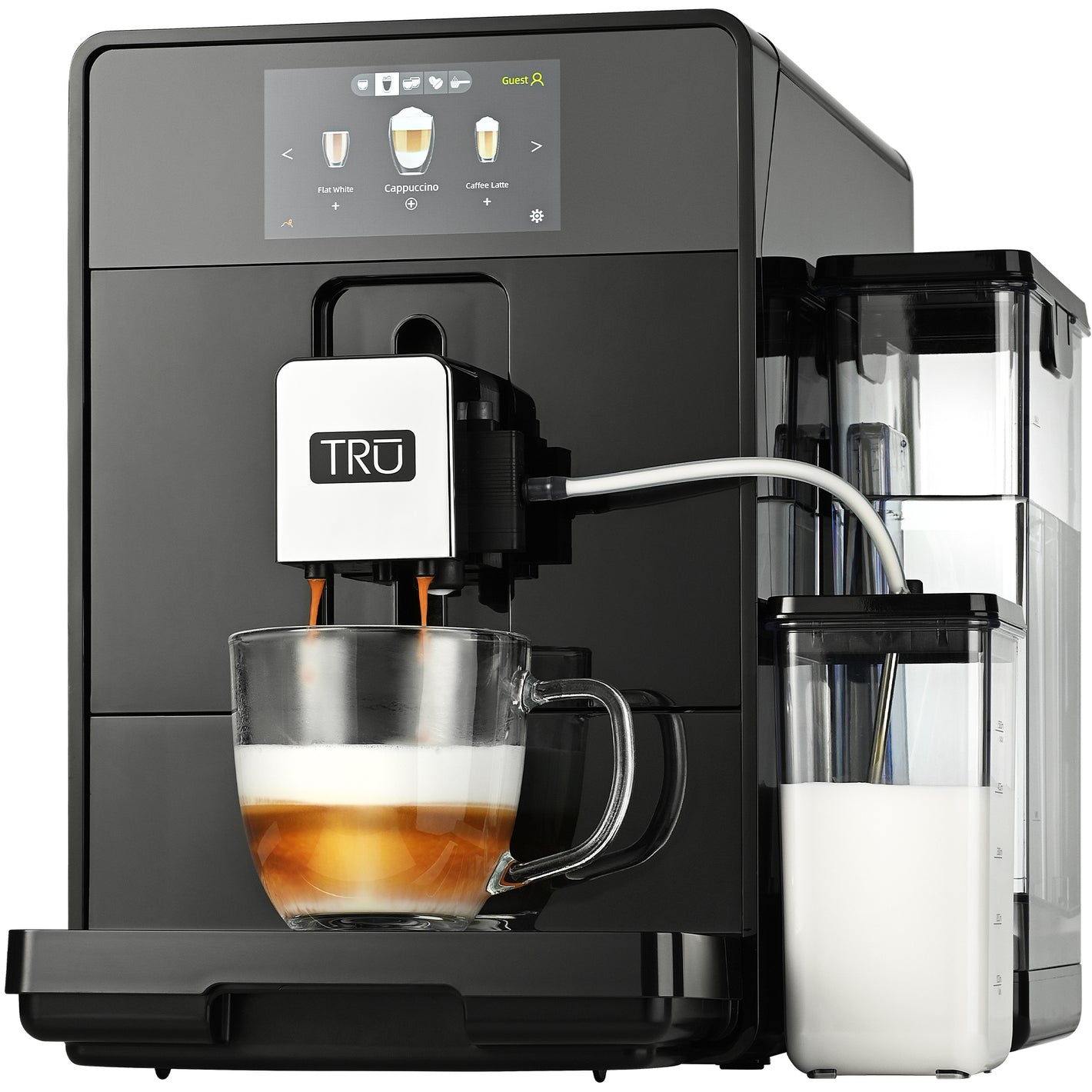 TRU Automatic Espresso and Coffee Machine with 24 Customizable Preset Beverages, 4.5" Digital Touchscreen, Integrated Grinder, and Removable Milk Tank